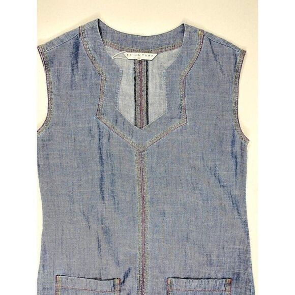 Trina Turk Shift Dress S Blue Chambray Frayed-Hem - Picture 5 of 9